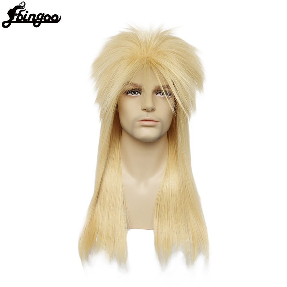 Ebingoo Hair Cap+70s 80s Hallween Metal Rocker Disco Wig Men Blonde Long Straight Synthetic Cosplay Mullet Wig for Male Female