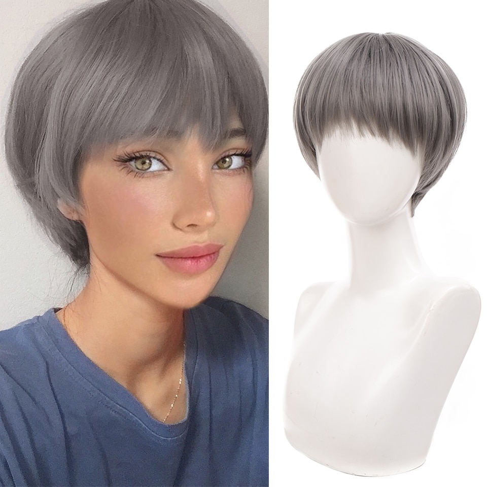 AILIADE Synthetic Cosplay Wigs with Bangs Straight Grey Black Blue Brown Wigs for Woman Man Daily Party Anime Wig