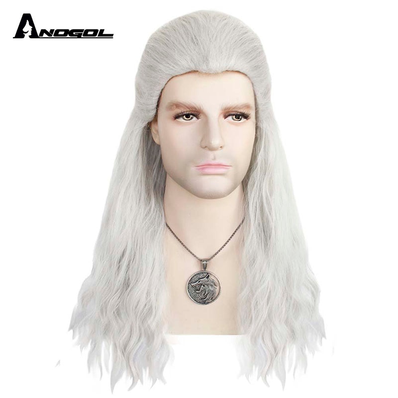 Anogol Geralt z Rivii Wig Long Water Wave  Silver White Synthetic Cosplay Wig Halloween Costume Wig for Men