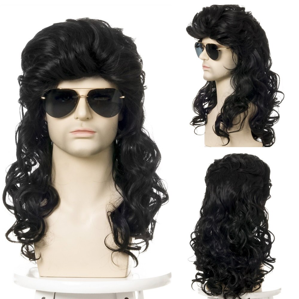 GURUILAGU New European and American Wigs For Men  70 80s Men's Wig Rock Party Long Curly Synthetic Hair Cosplay Wig With Bangs