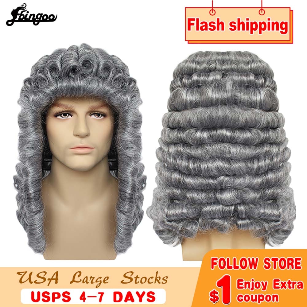 Ebingoo Baroque Curly White Grey Male Lawyer Judge Colonial Deluxe Historical Costume Synthetic Cosplay Wig for Halloween