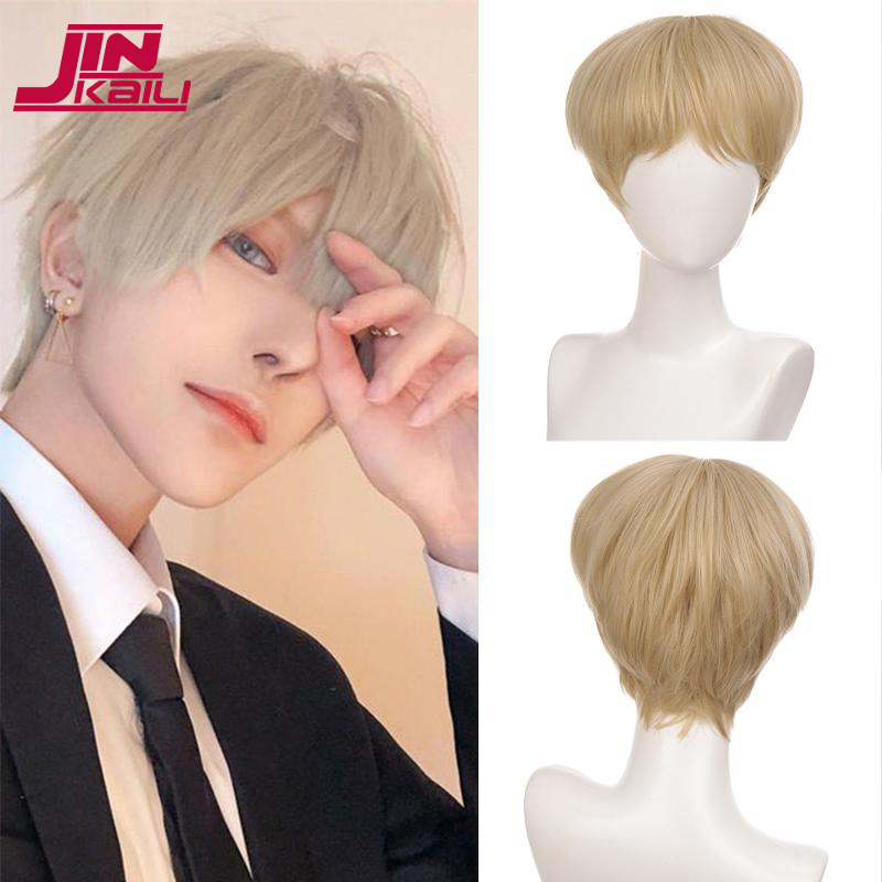 JINKAILI Short Synthetic Anime Male Cosplay Wigs With Bangs Black Brown Purple Curly Wig Costume Halloween Hair Daily Wigs