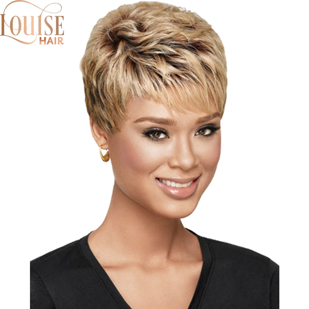 Louise Hair Short Blonde Wig Layered Curly Hair MIx Brow Straight Hair Synthetic Man Cosplay Wigs For Black Women Wig With Bangs