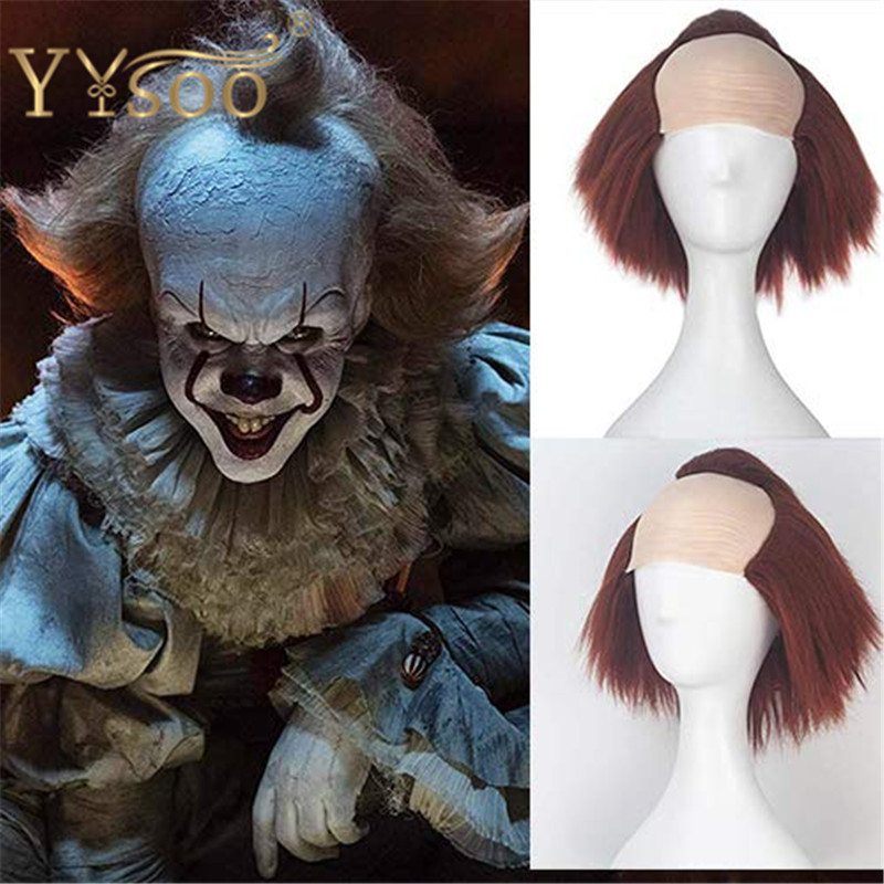 YYsoo Short Red Color Cosplay Wig Sewing Machine Synthetic Brown Creepy Clown Wig Men Boy Prestyled Bald Wig Halloween Party Use