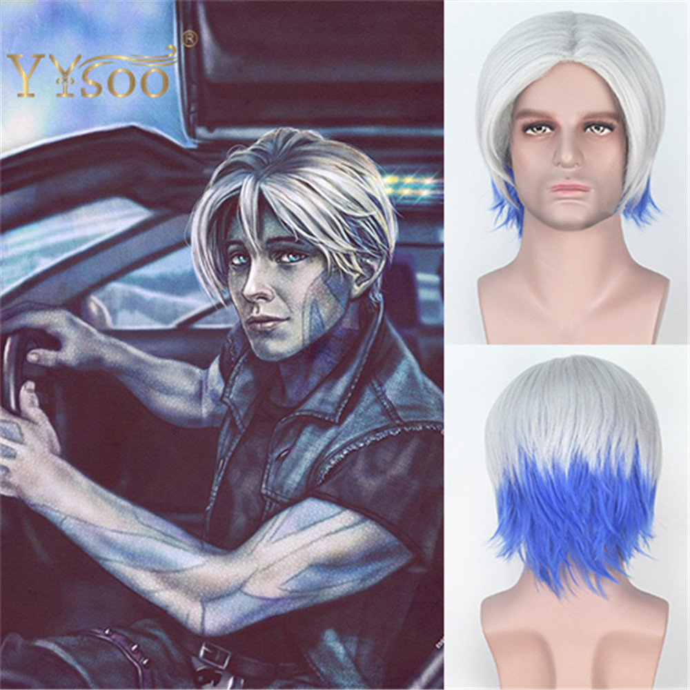 YYsoo Synthetic Short Bob Ombre Color From Platinum Blonde to Blue Hair Parzival cosplay wig for Men Party Show