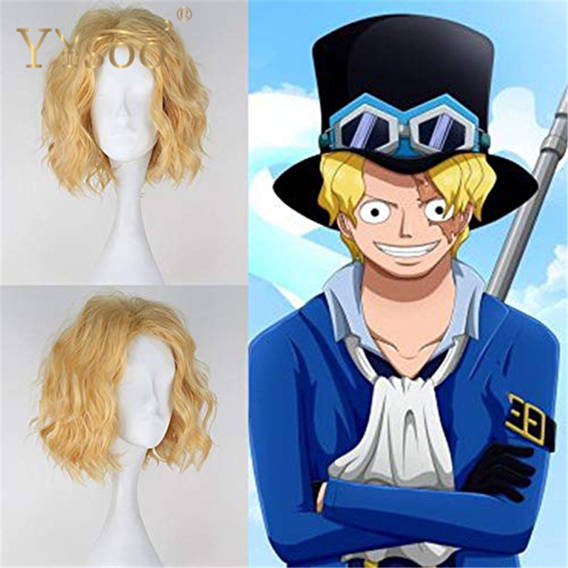 YYsoo One Piece Men's Cosplay Wigs Short Wavy Gold Yellow Color Anime Wig Curly Bob Wig for Men Halloween Chritsmas Party Wig
