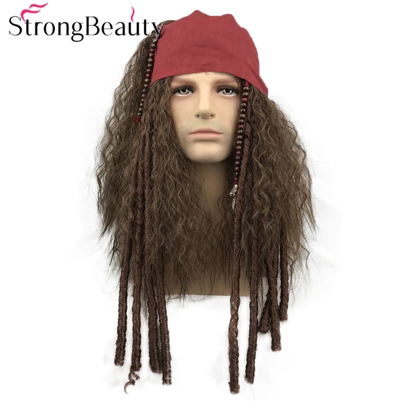 StrongBeauty Long Curly Men Wig Synthetic Cosplay Wigs Brown Hair Heat Resistant Capless Wig