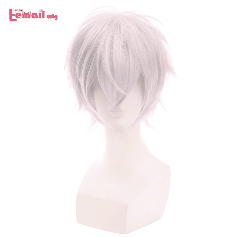 L-email wig Brand New Men Cosplay Wigs 30cm Heat Resistant Short Grey White with Pink Color Synthetic Hair Halloween Cosplay Wig