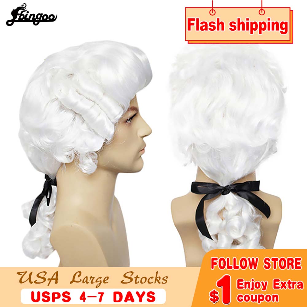 Ebingoo White Lawyer Judge Wig Baroque Curly Male Colonial Deluxe Historical Costume Synthetic Cosplay Wig for Halloween Cosplay