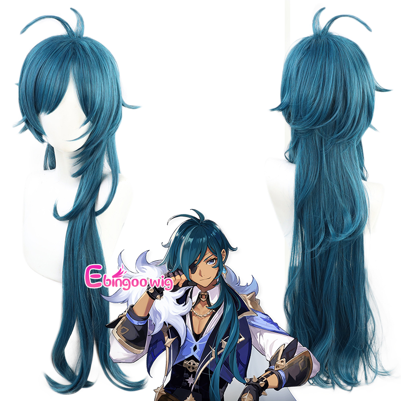 【Ebingoo】Game Genshin Impact Kaeya Cosplay Wigs Blue Wavy Long Men Wig Heat Resistant Synthetic Hair Halloween