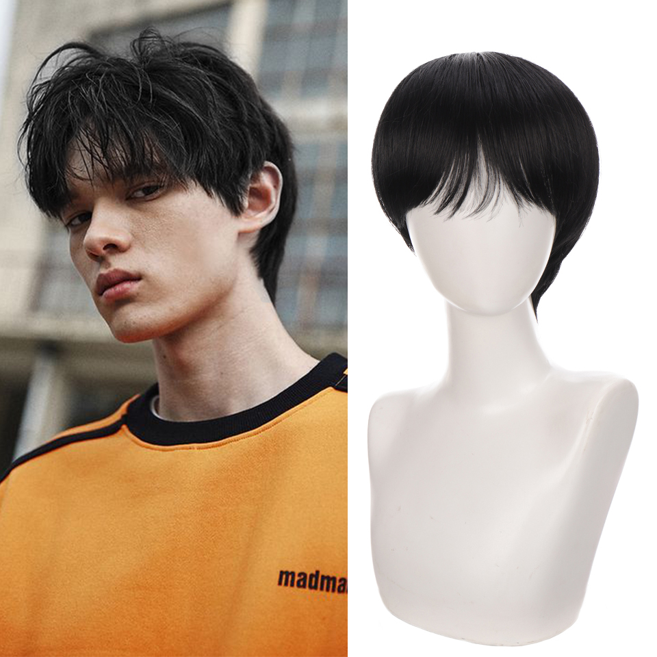 AILIADE Synthetic Black Men's Wig Short Straight Wigs for Woman Man Hair Realistic Natural Brown for Cosplay Anime Party Daily