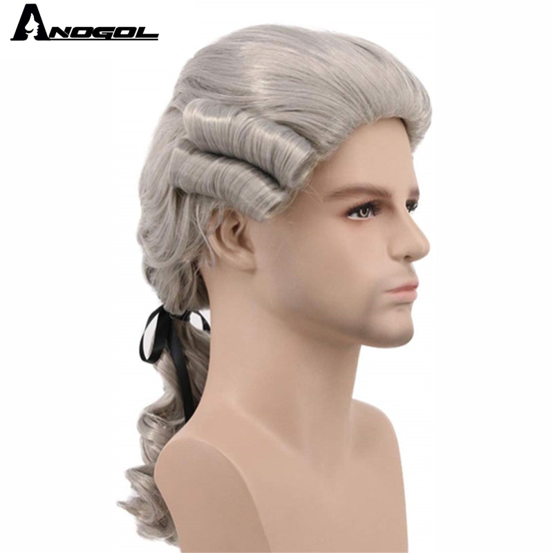 ANOGOL Grey White  Black Lawyer Judge Baroque Curly Male Costume Wigs Deluxe Historical Long Synthetic Cosplay Wig for Halloween