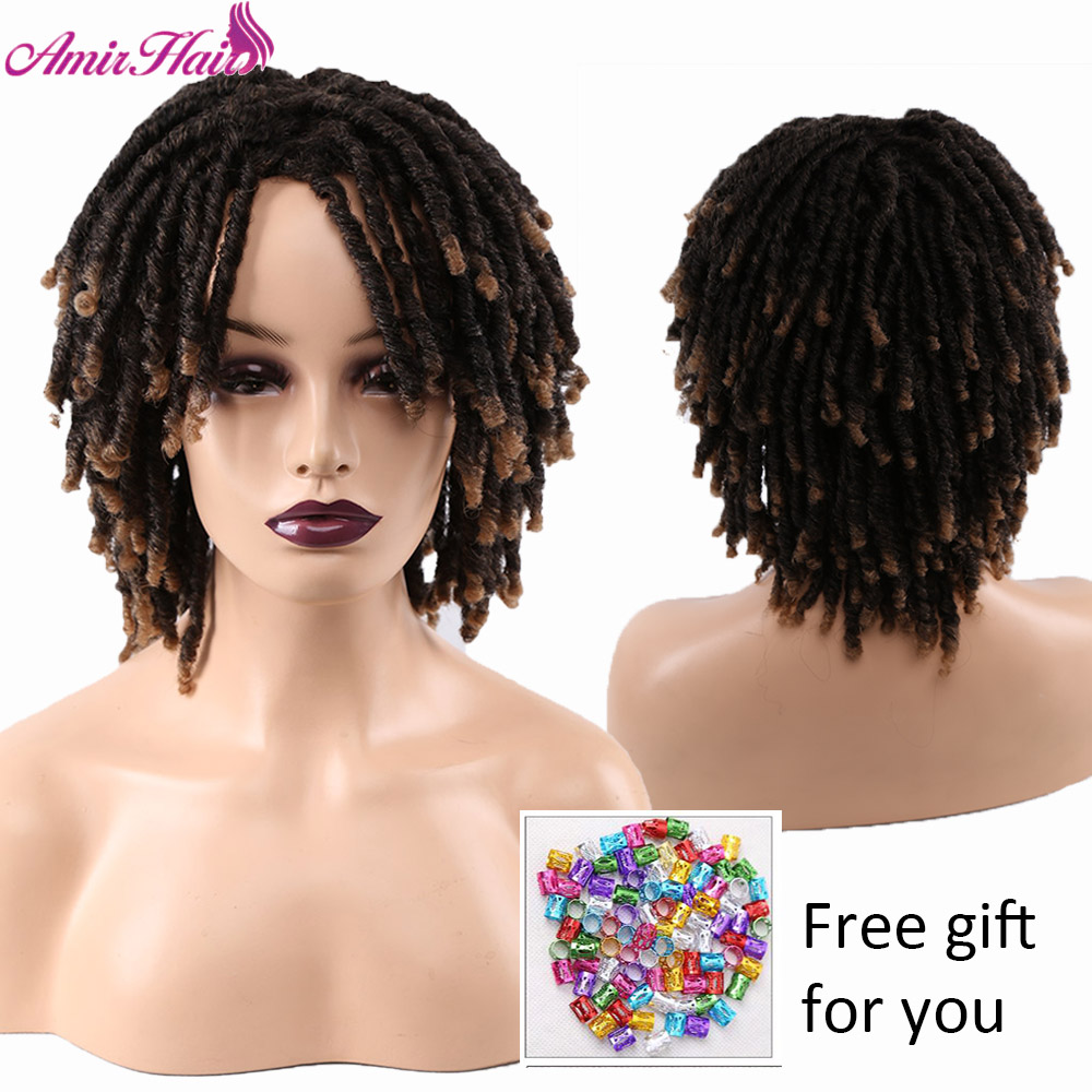 Amir Dreadlock Short Twist Curly Wig Ombre Brown For Black Women and Men Afro Synthetic Crochet Hair Faux Locs Braid Wigs