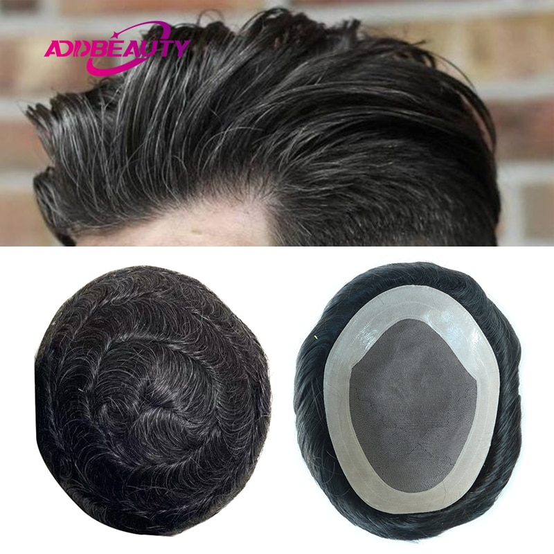 Mono NPU Men Toupee Hair System Hairpiece Remy Indian Human Hair Wig Breathable Hair Replacement Natural Color With Grey Hair