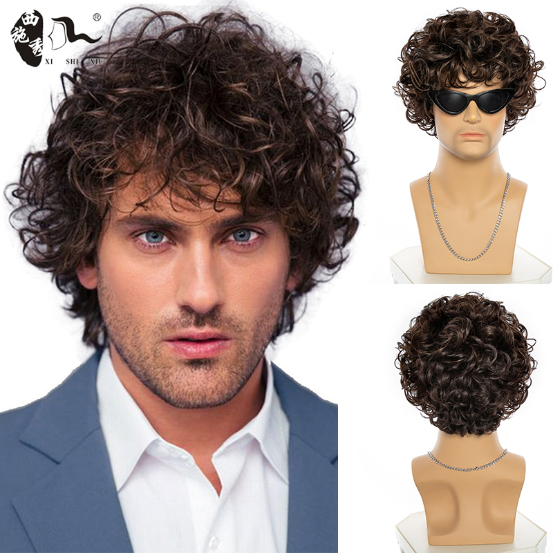 XISHIXIU HAIR Yong Men Short Curly Synthetic Wig Ombre Brown Wig for Men's Hair Daily Realistic Natural Wigs