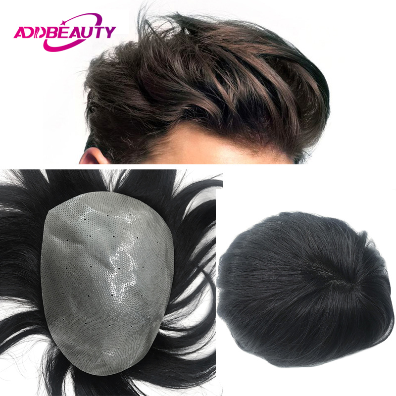 Biological Scalp Toupees 4mm-6mm PU Human Hair Wig Indian Remy Hair Men Toupee Wave Straight Men's Hair System Natural Color