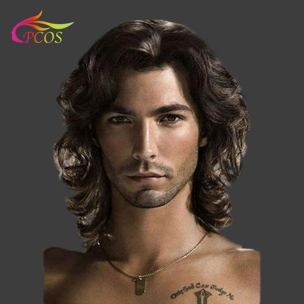 Synthetic Hair Wig Medium Length Wave Cosplay Wigs for Male Hair Fleeciness Realistic Brown Wigs