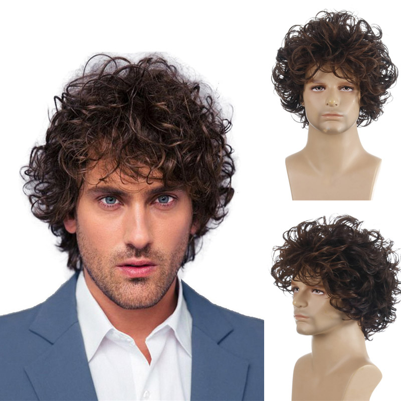 Men Nature Brown Curly Synthetic Wig With Bangs Nature Looking For Male Party Daily Use Heat Resistant Fiber