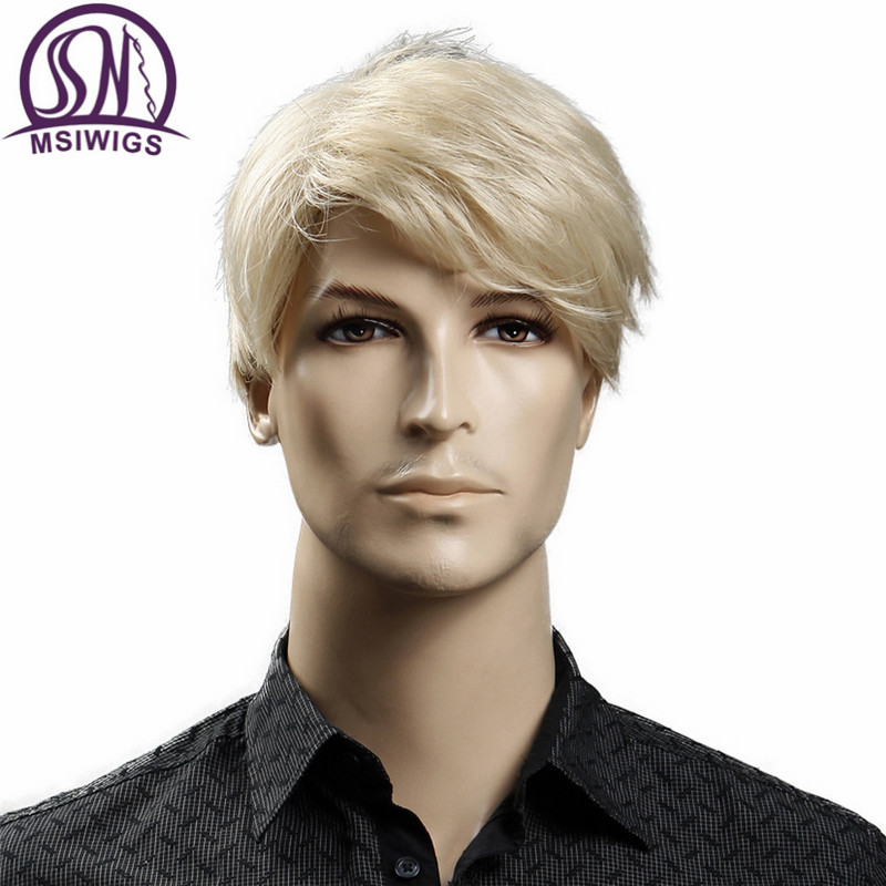 MSIWIGS Short Blonde Male Synthetic Wigs American European 6 Inch Straight Men Wig with Free Hair Cap Heat Resistant