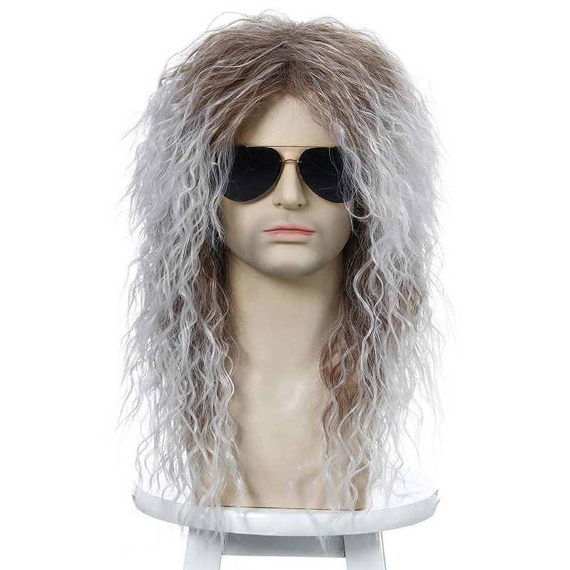 Men Long Curly Synthetic Wigs for Men's Cosplay Hair Wigs Ombre Male Curly Hair Fluffy Nightclub Bar Wig