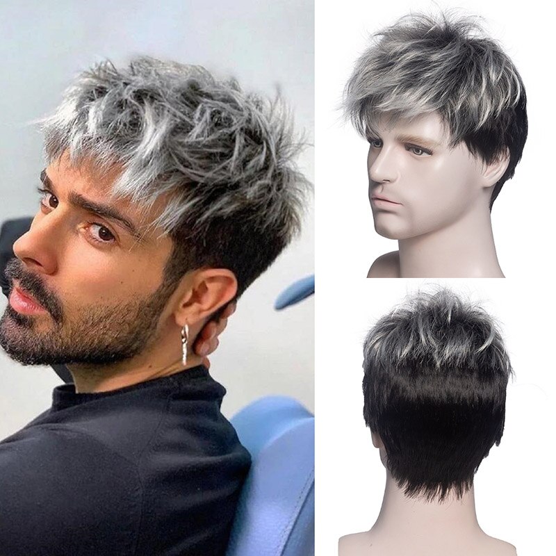 VICWIG Men Short Straight Wig Silver Grey Synthetic Wig for Male Hair Fleeciness Realistic Natural  Wigs