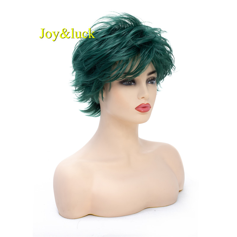 Joy&luck Short Mens Wig Dark Green Synthetic Wig Male Wig Cosplay Natural Straight Costume Fluffy Wig