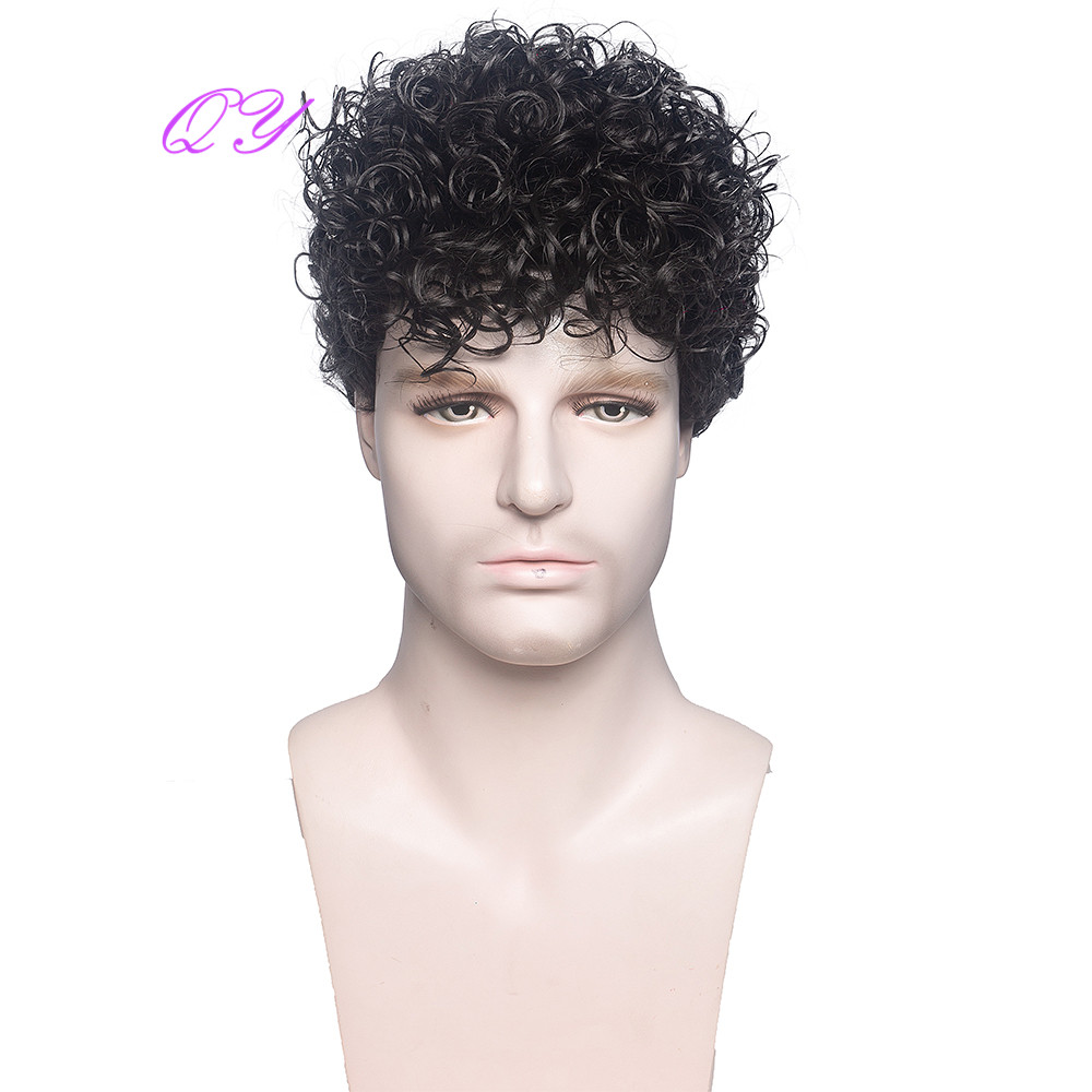 QY  Men Wig Black Short Curly  Wigs For Men Synthetic  With High Temperature Fiber Natural Hair Daily Use