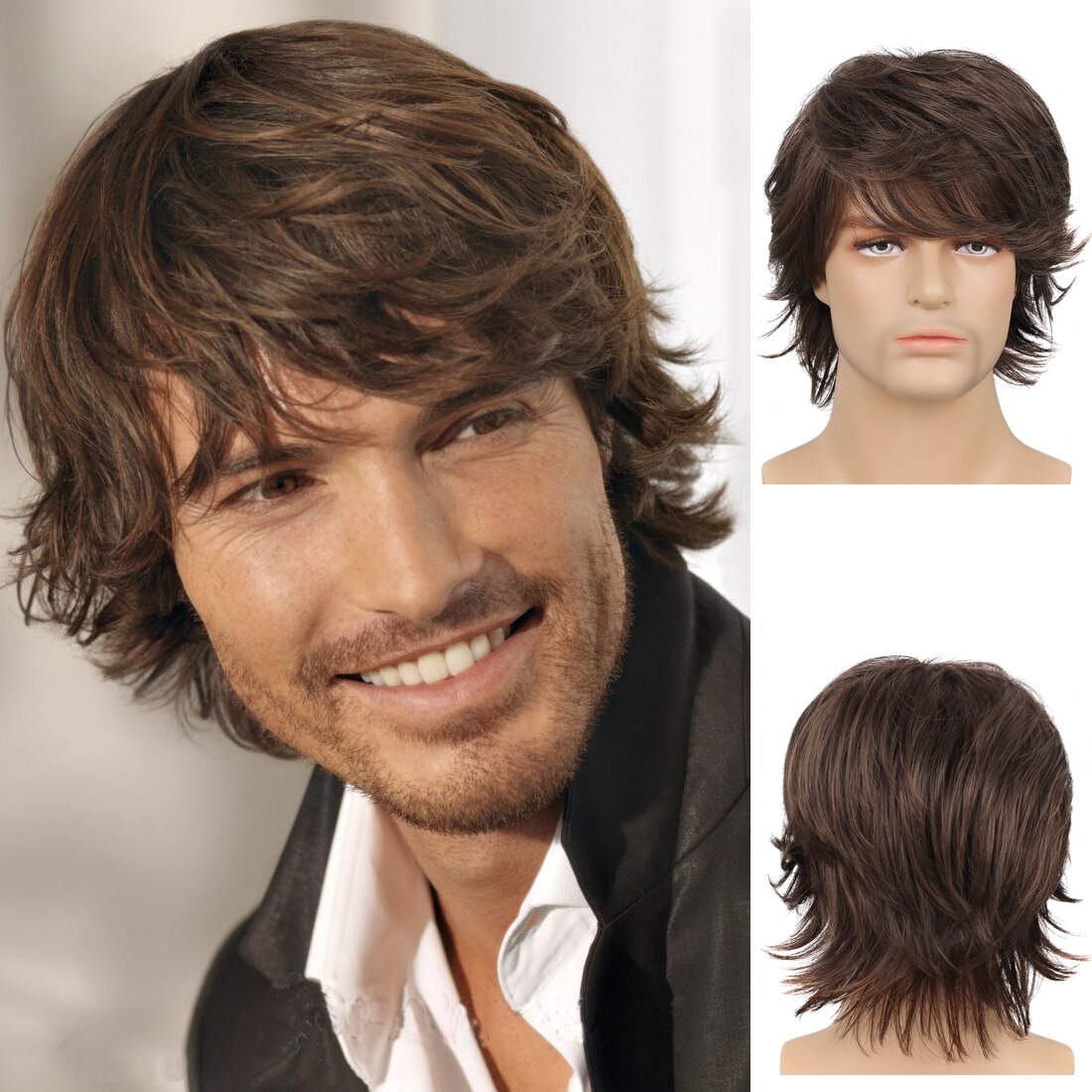 Men Short Brown Hair Synthetic Wigs for Men's Daily Wig Male Curly Natural Looking Hair Heat Resistant Breathable