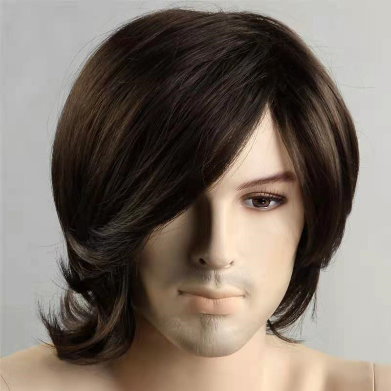 Men Black Synthetic Wigs With Side Part Bangs for Men's Daily Wig Male Wavy Natural Hair Heat Resistant Breathable