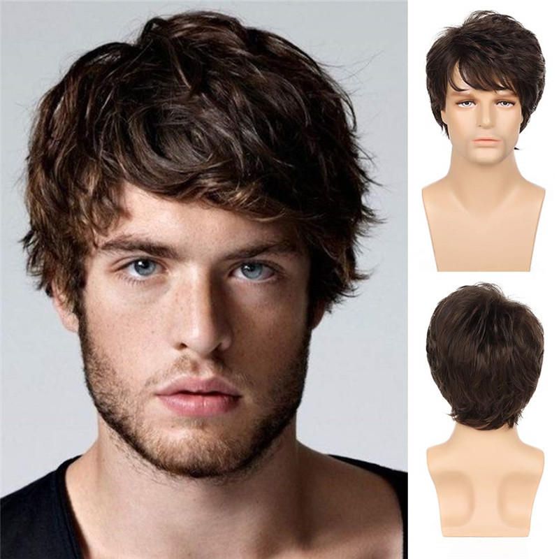 Mens Brown Wig Short Layered Natural Fluffy Synthetic  Heat Resistant Fiber Cosplay Daily Party Wig for Male