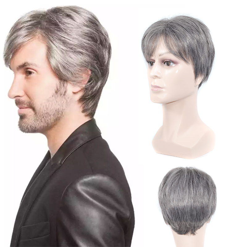 YOUR BEAUTY HAIR Short Silver Gray Wig Mens Short Synthetic Straight Hair White People Wig For Daily Use