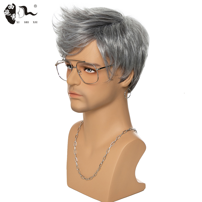 XISHIXIU HAIR Fashion 2021 Wig Short White Male Straight Synthetic Wig for Men Hair Fleeciness Realistic Ombre Grey Color Wig