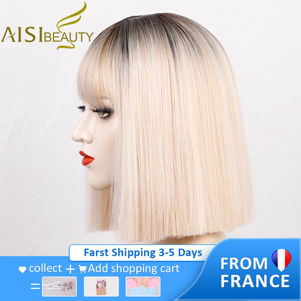 AISI BEAUTY Synthetic Wigs Ombre Blonde Short Straight Bob Wigs with Bangs for Women Black Pink Purple Red Natural Hairline Wigs