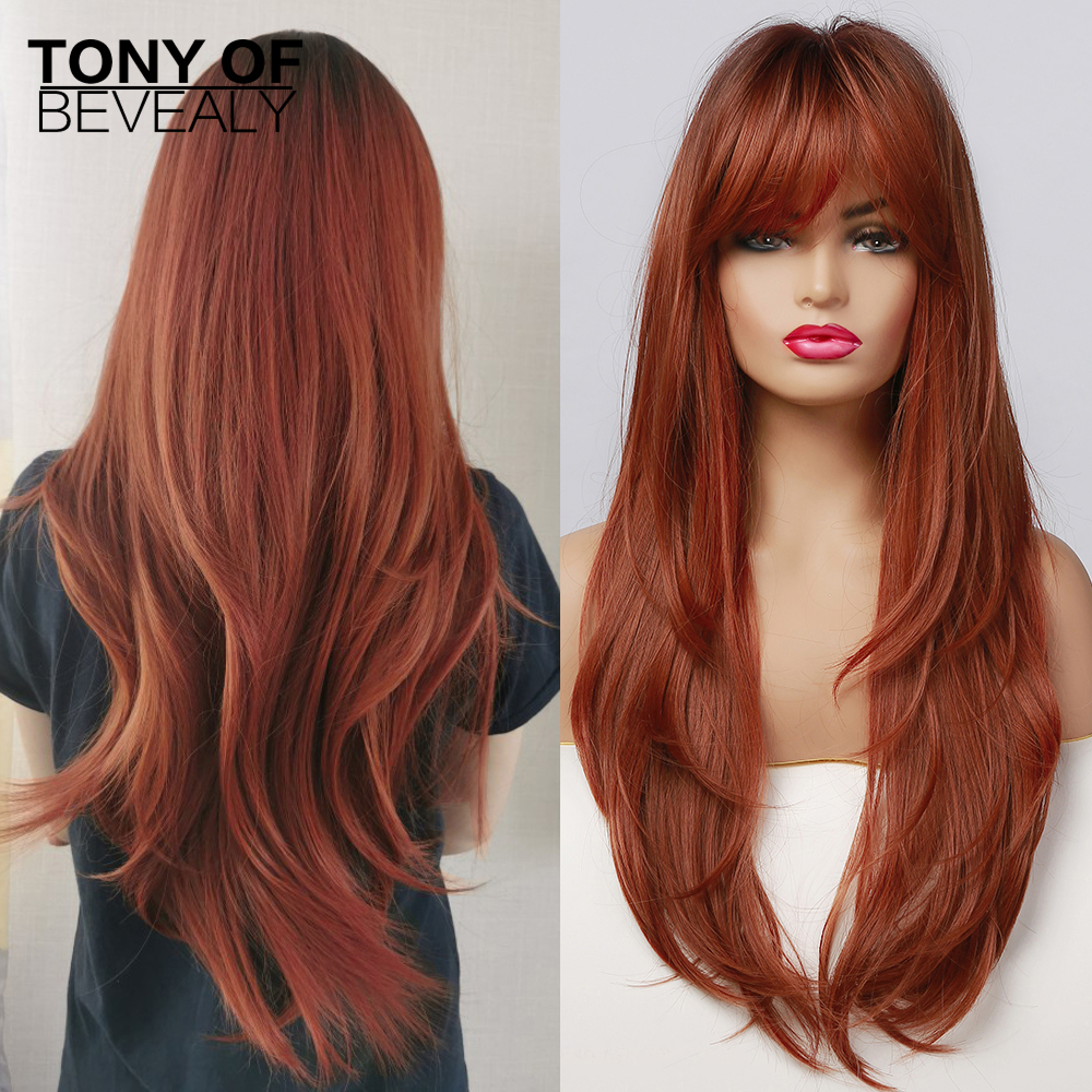 Long Straight Red Brown Synthetic Hair Wigs with Bangs for Afro Women Heat Resistant Fiber Dark Root Natural Fluffy Wigs