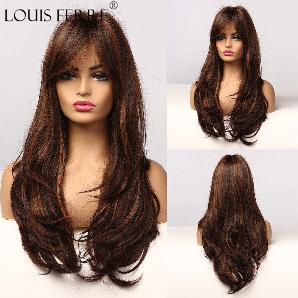 LOUIS FERRE Highlight Colored Wig for Women Long Wave Brown Blonde Ombre Bob Hair Wig with Bangs Daily Heat Resistant Fibre