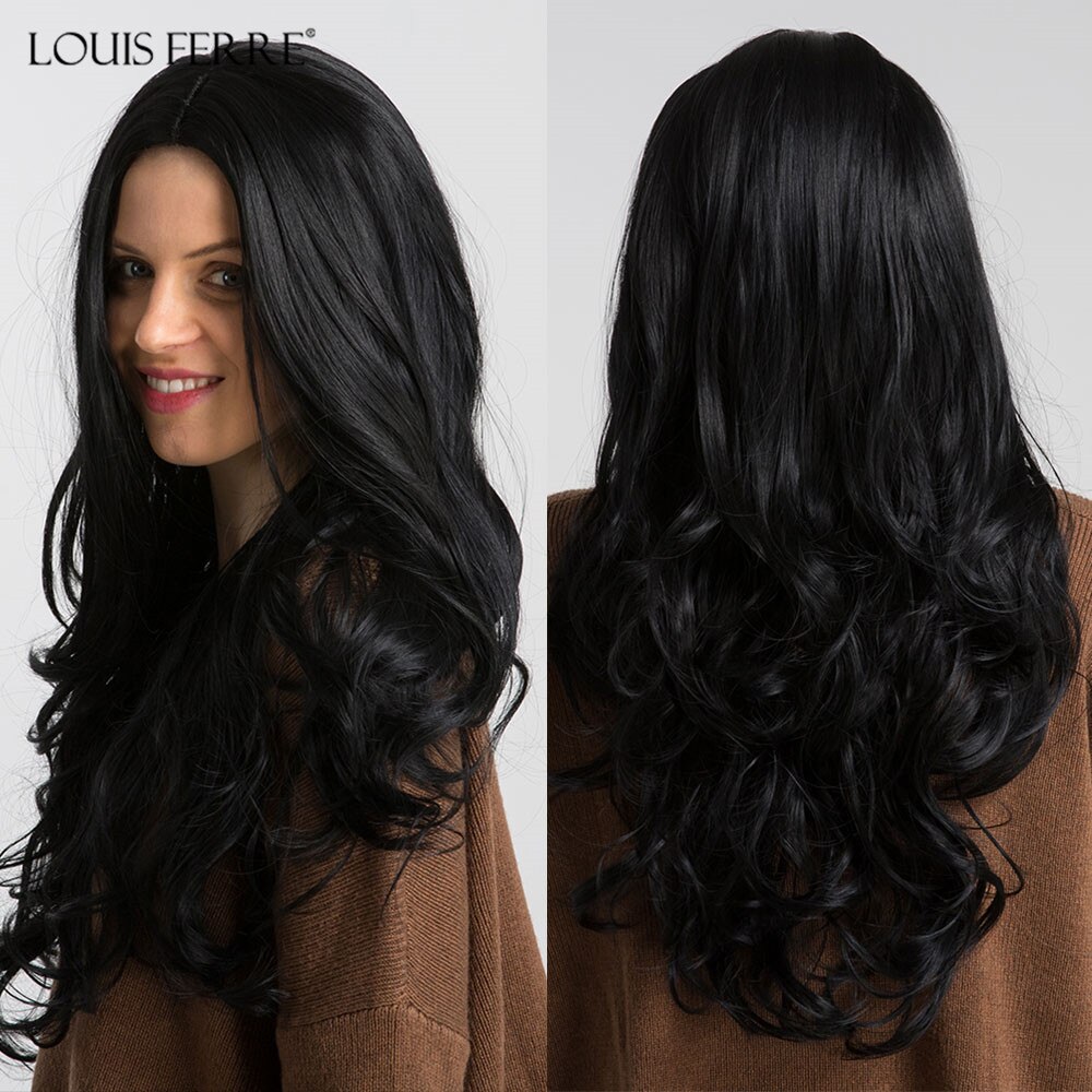LOUIS FERRE Long Black Synthetic Women's Wig Natural Wave Middle Part Cosplay Wig for Women African American Hair Heat Resistant