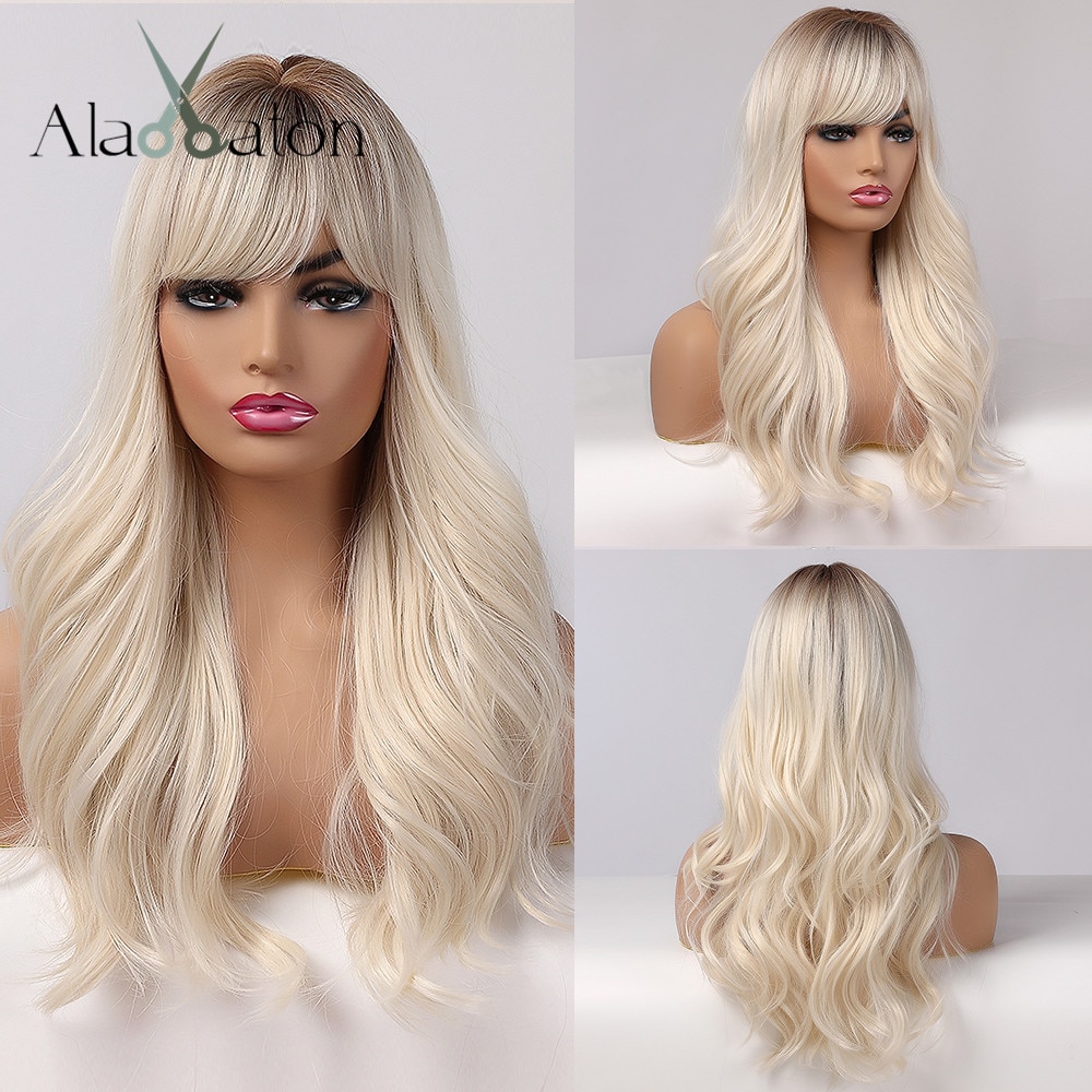 ALAN EATON Long Womens Wigs with Bangs Ombre Brown Platinum Blonde Wigs Side Part Synthetic Wavy Wigs for African American Women