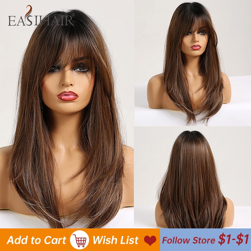 EASIHAIR Long Straight Wigs with Bangs Black to Brown Ombre Synthetic Wigs for Women Daily Natural Hair Wigs Heat Resistant