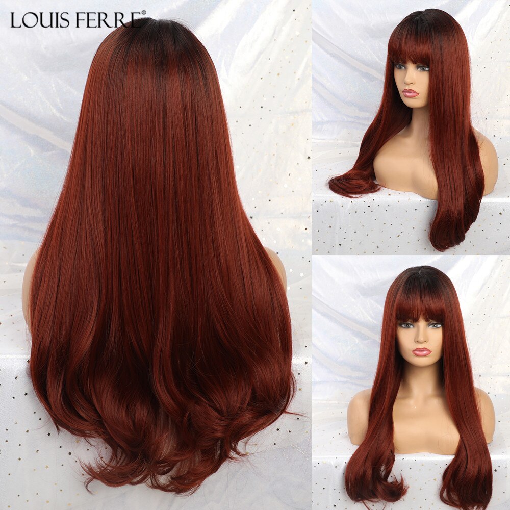 LOUIS FERR Long Wavy Synthetic Wigs Ombre Black Wine Red Wigs with Bangs for Black Women African American Heat Resistant Hair