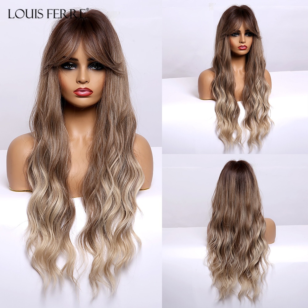 LOUIS FERRE Ombre Brown Honey Blonde Synthetic Wigs with Bnags for Black Women Long Natural Wave Cosplay Wig Heat Resistant