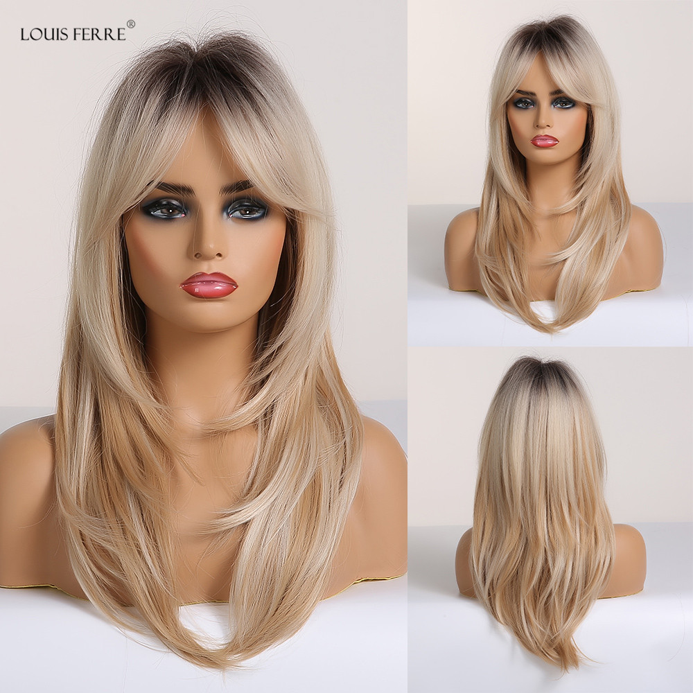 LOUIS FERRE Synthetic Wigs Long Wavy Ombre Black Brown Blonde Ash Wigs with Bangs for Black Women Afro Heat Resistant False Hair