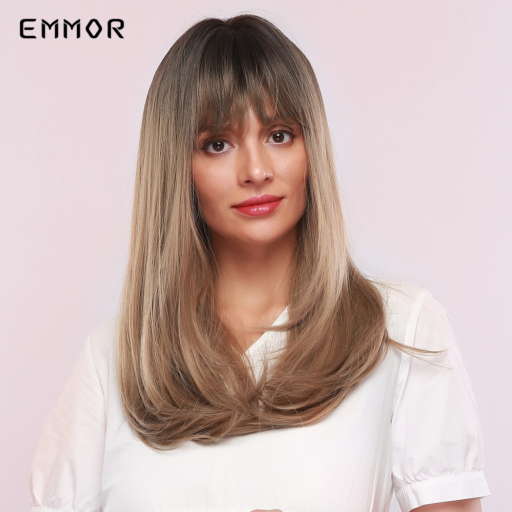 EMMOR Ombre Black Light Brown Hair Wig with Bangs for Women Long Natural Synthetic Wave Wigs Blonde Human Hair Wigs