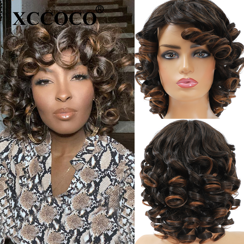 Short Afro Curly Wigs With Bangs ForBlack Women Synthetic Wigs African Ombre Glueless Dark Brown Highlights Daily Fiber Wigs