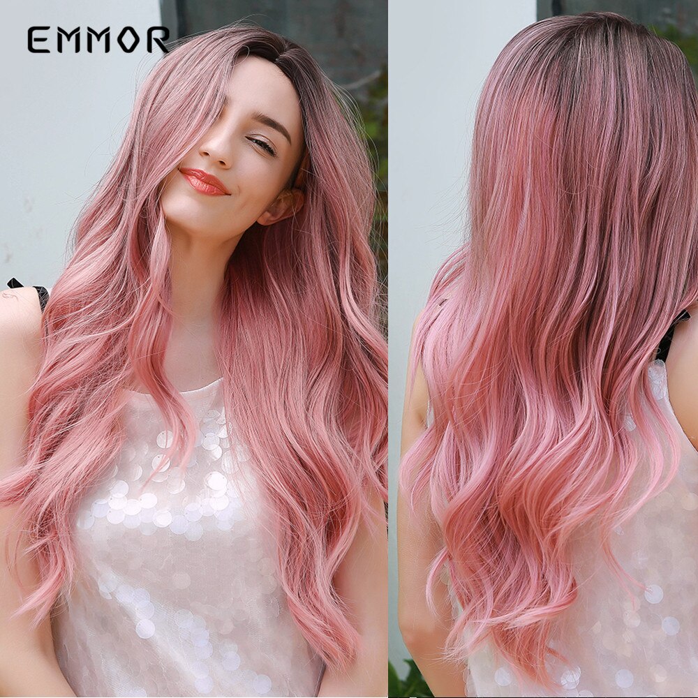 Emmor High Temperature Cosplay Daily Pink Wig Long Black Root Melt to Pink Natural Wave Synthetic Hair Wigs with Bangs for Women