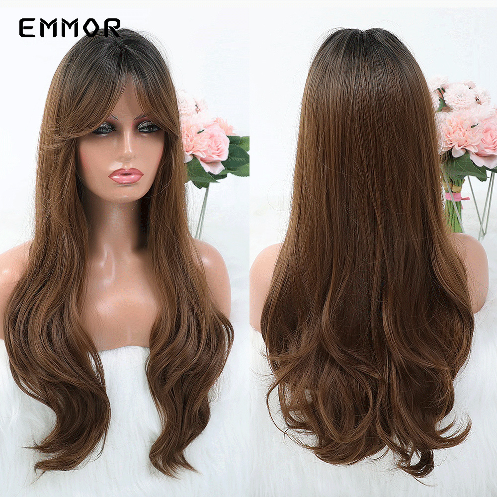 EMMOR Long Natural Wave Ombre Dark Brown Hair Wigs with Fringe Heat Resistant Cosplay Daily  Synthetic Wig for White/Black Women
