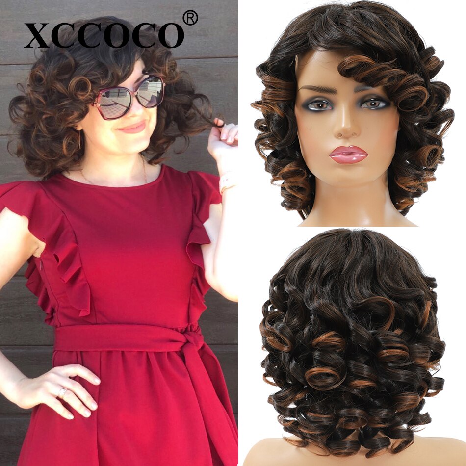 XCCOCO Short Curly Afro Wig with Bangs Dark Brown Black Hair Synthetic Wigs for Women Heat Resistant Fiber 14INCH Loose Wave Wig