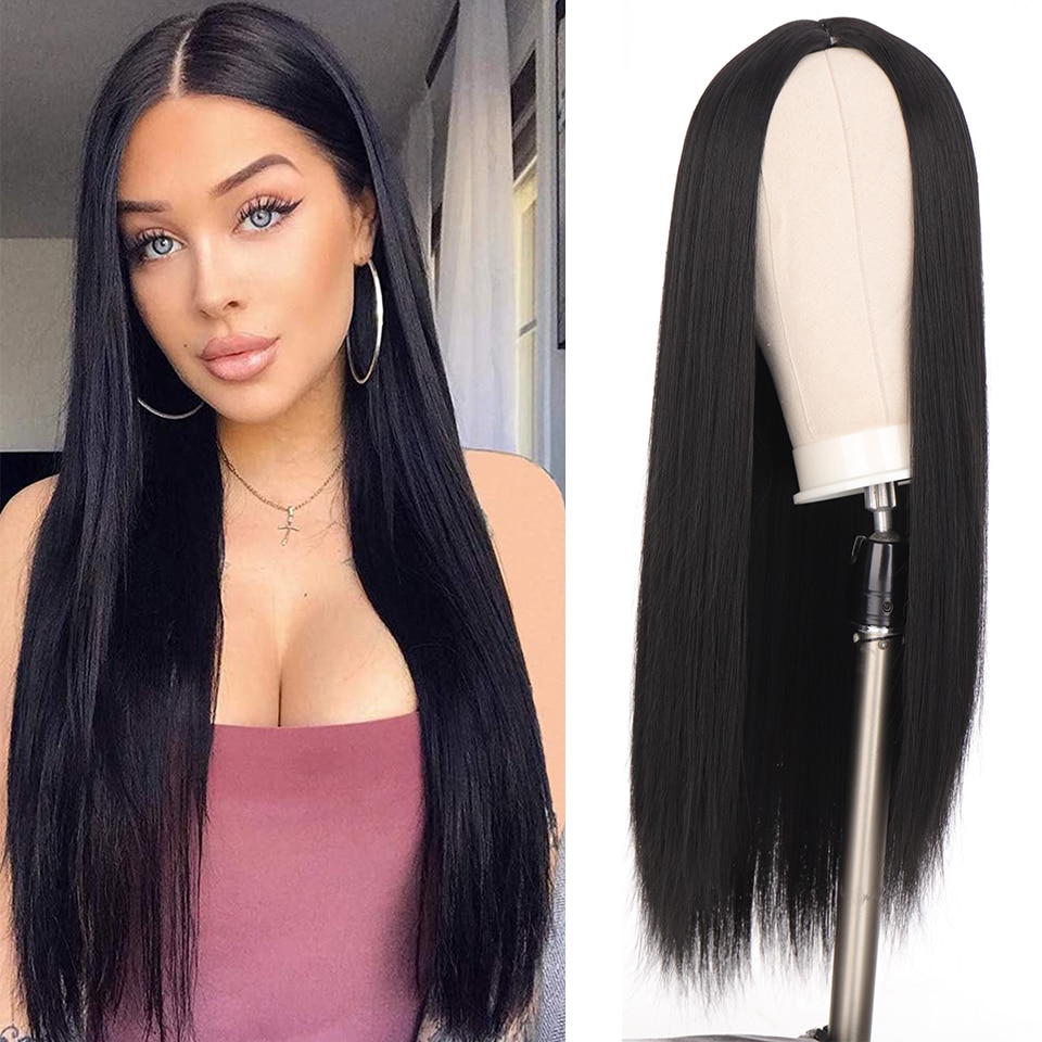 SHANGKE Long Straight Synthetic Black Middle Part Wig Heat-Resistant Fiber Two-Tone Cosplay Wig Party/Daily Wig For Women