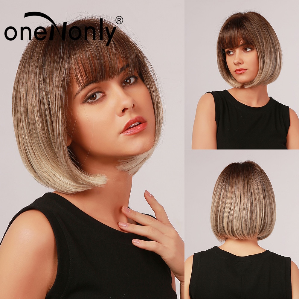 oneNonly Short Bobo Wig Ombre Brown Blonde Gray Synthetic Wigs with Bangs Cosplay Natural Daily Hair for Women Heat Resistant