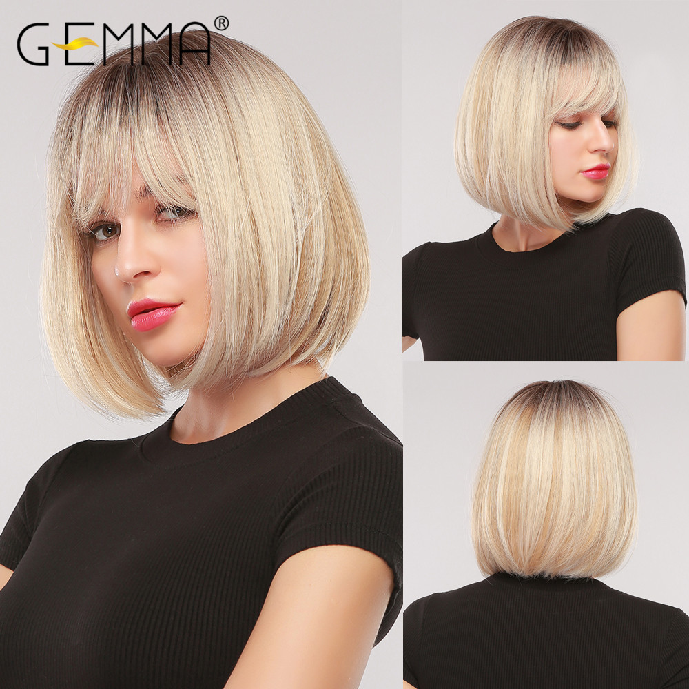 GEMMA Short Straight Bob Synthetic Wigs with Bangs for Women Afro Ombre Black Brown Yellow Blonde Wigs Cosplay Party Daily Hair