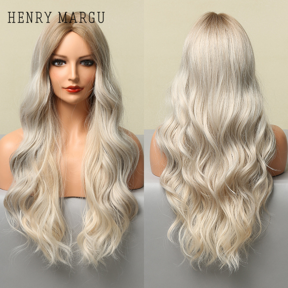 HENRY MARGU Long Wavy White Blonde Platinum Ombre Synthetic Wigs Natural Cosplay Wigs for Women Middle Part Wig Heat Resistant